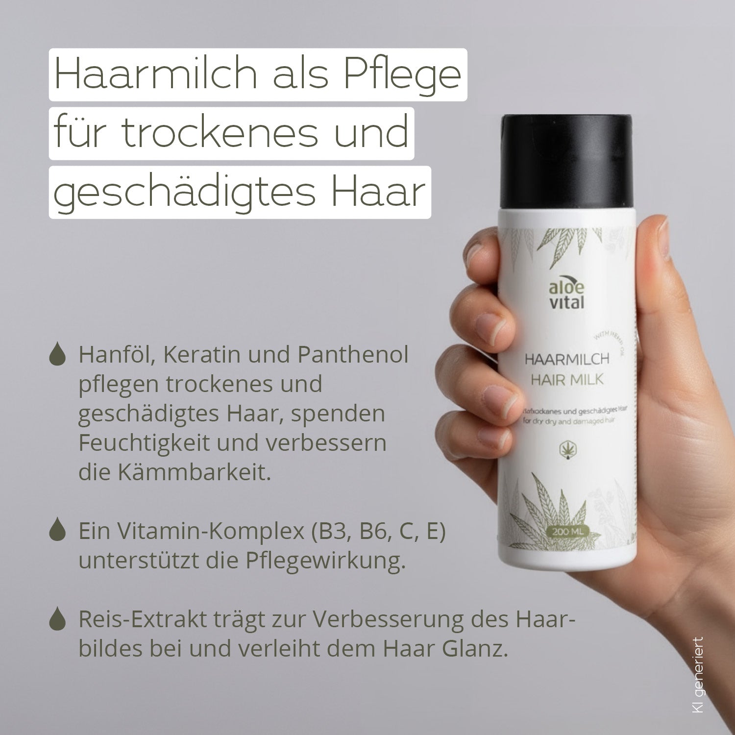 Haarmilch mit Hanfsamenöl, Pflege für trockenes und geschädigtes Haar